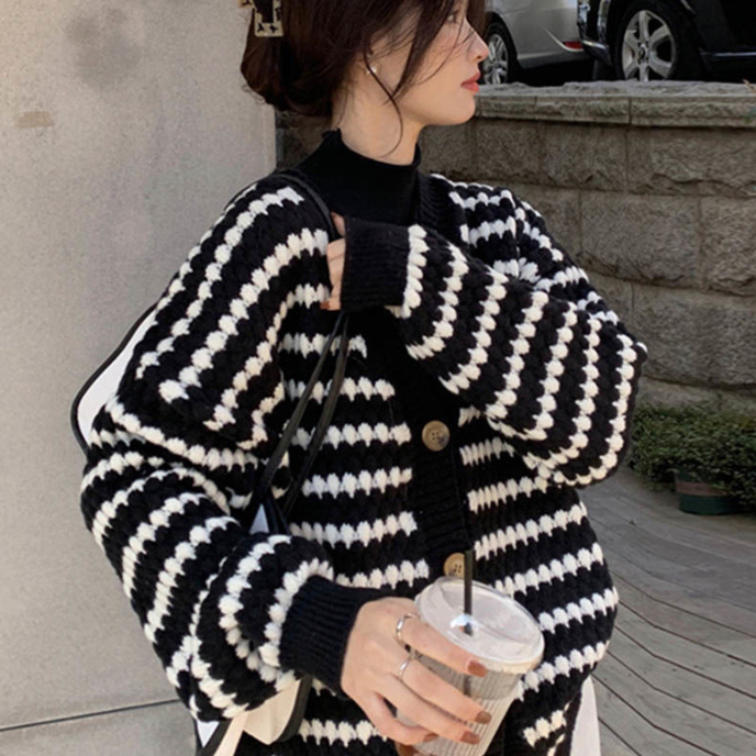 ボーダー服 秋冬新作ゆったりボーダーカーディガン羽織りニット
