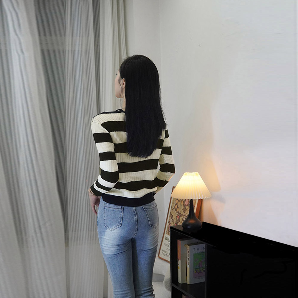 ボーダー服 ボーダー柄ホルターネックリブニット長袖トップス