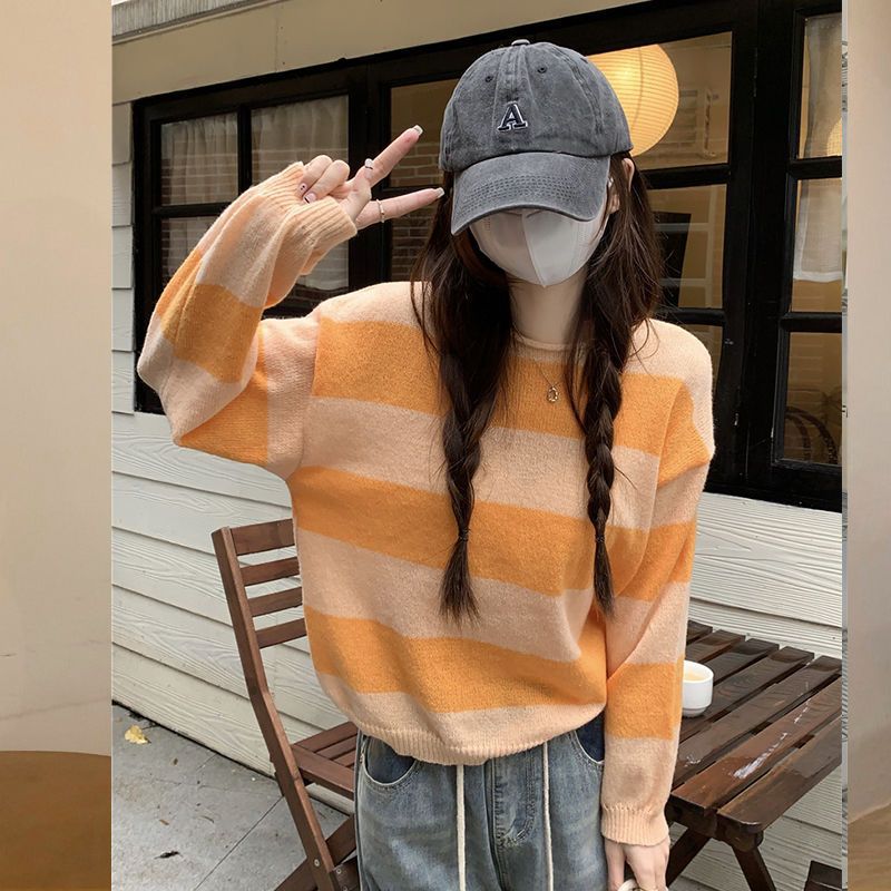 ボーダー服 二〇二三年新作 女性用丸首ボーダーニットセーター 紫白横縞