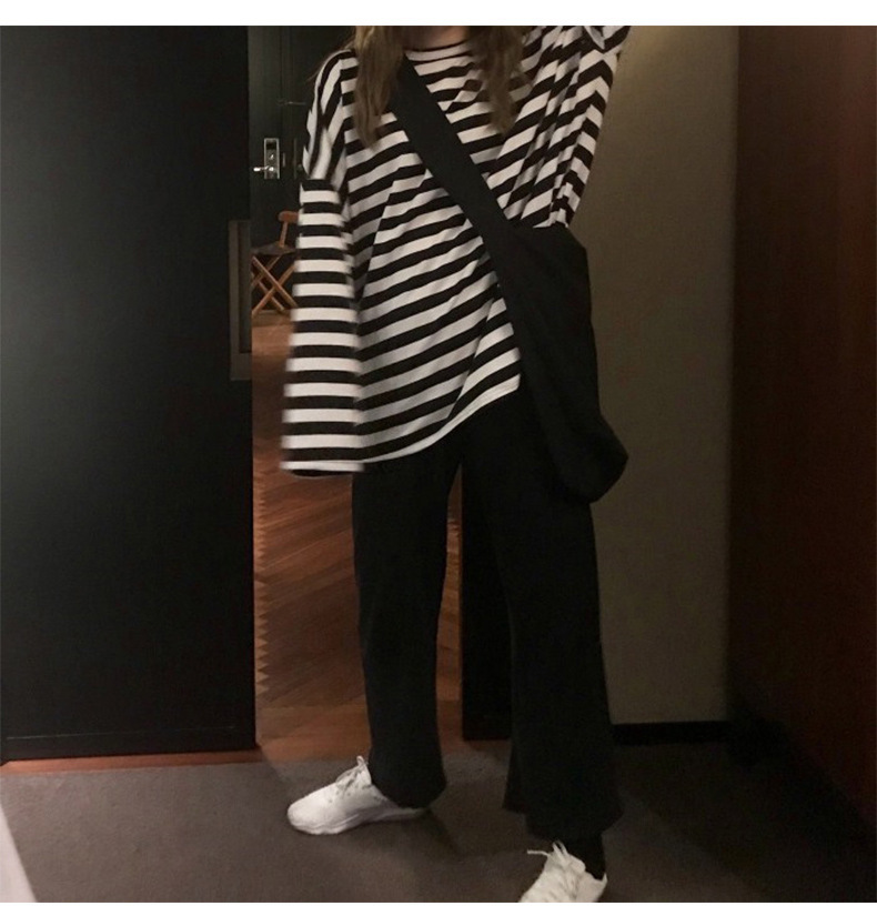ボーダー服 ボーダー服 ゆったり横縞長袖ティーシャツ