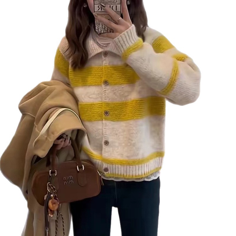 ボーダー服 レトロ襟付きボーダーニットカーディガン