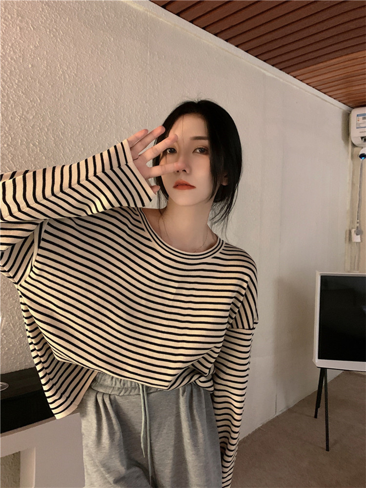 ボーダー服 ロンT ゆったりボーダー丸首ロンT長袖
