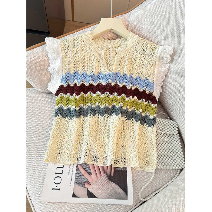 ボーダー服 波紋レース編みノースリーブニット