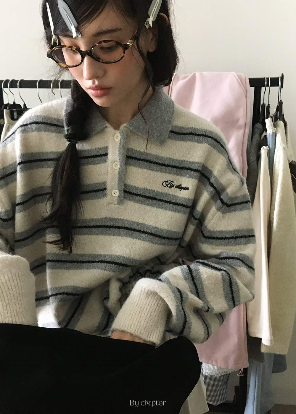 ボーダー服 ボーダー柄 襟付きドロースト리ングニット