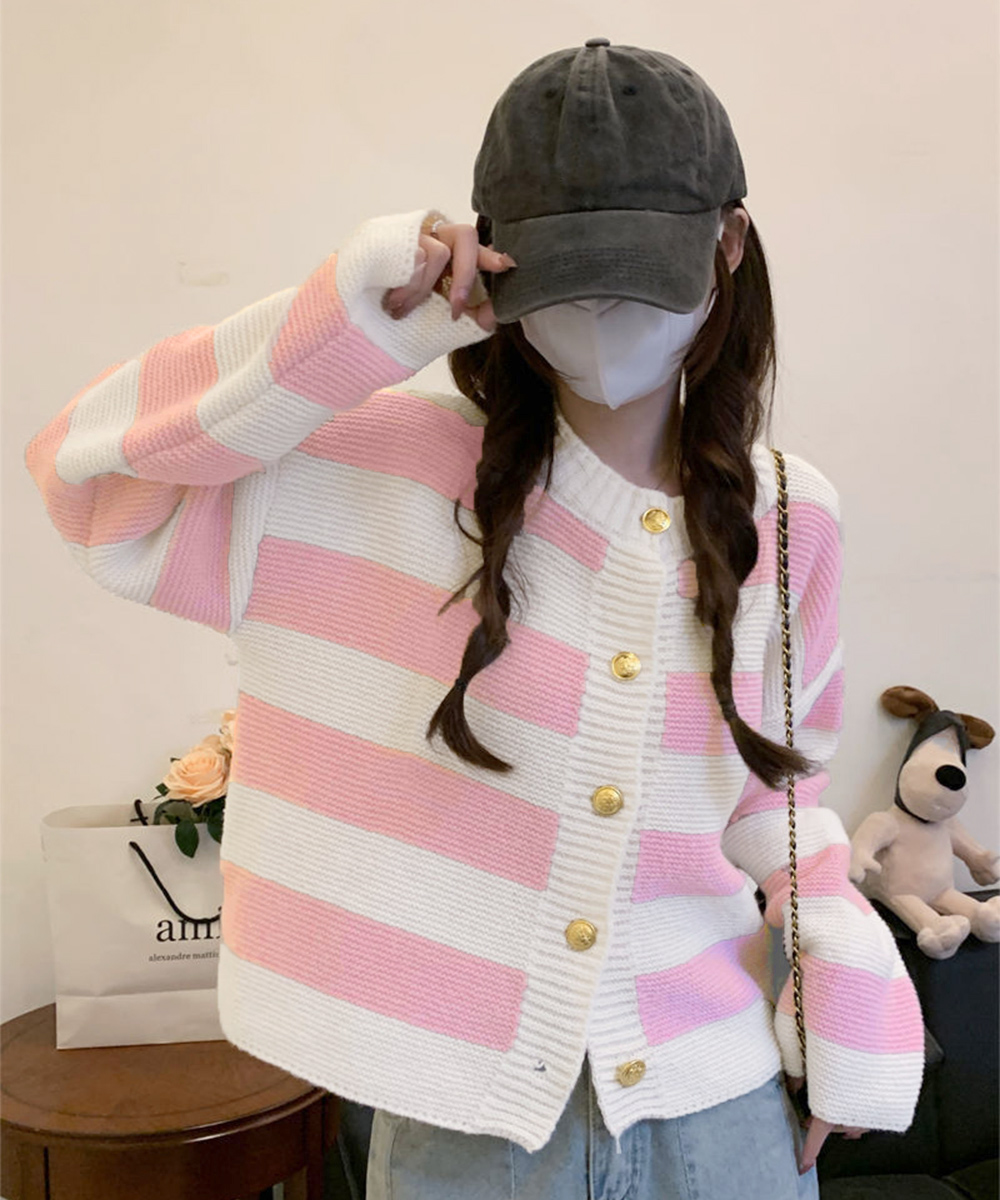 ボーダー服 ボーダー柄ニットカーディガン長袖体型カバー