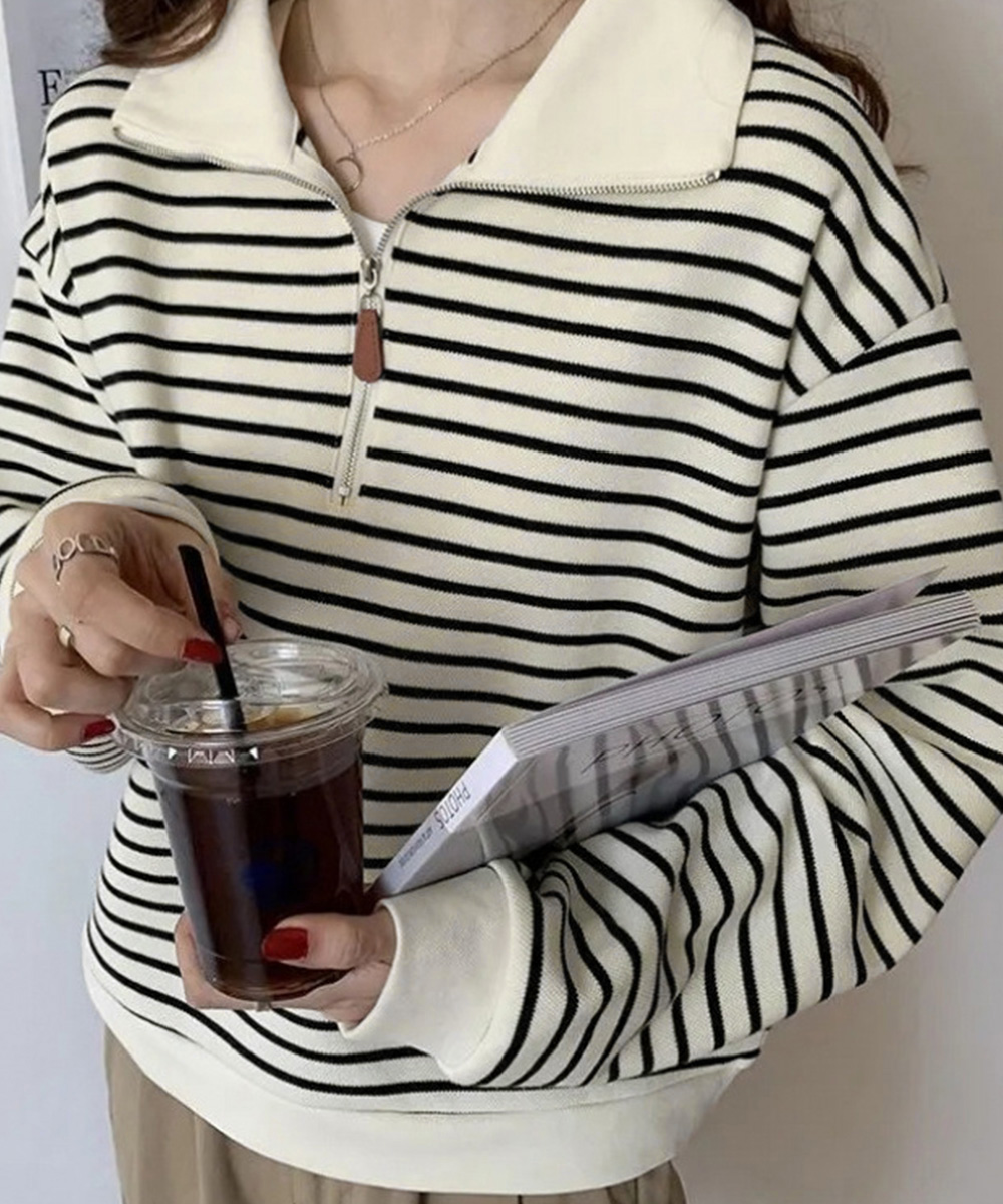 ボーダー服 ハーフジップ襟付きボーダーニット長袖