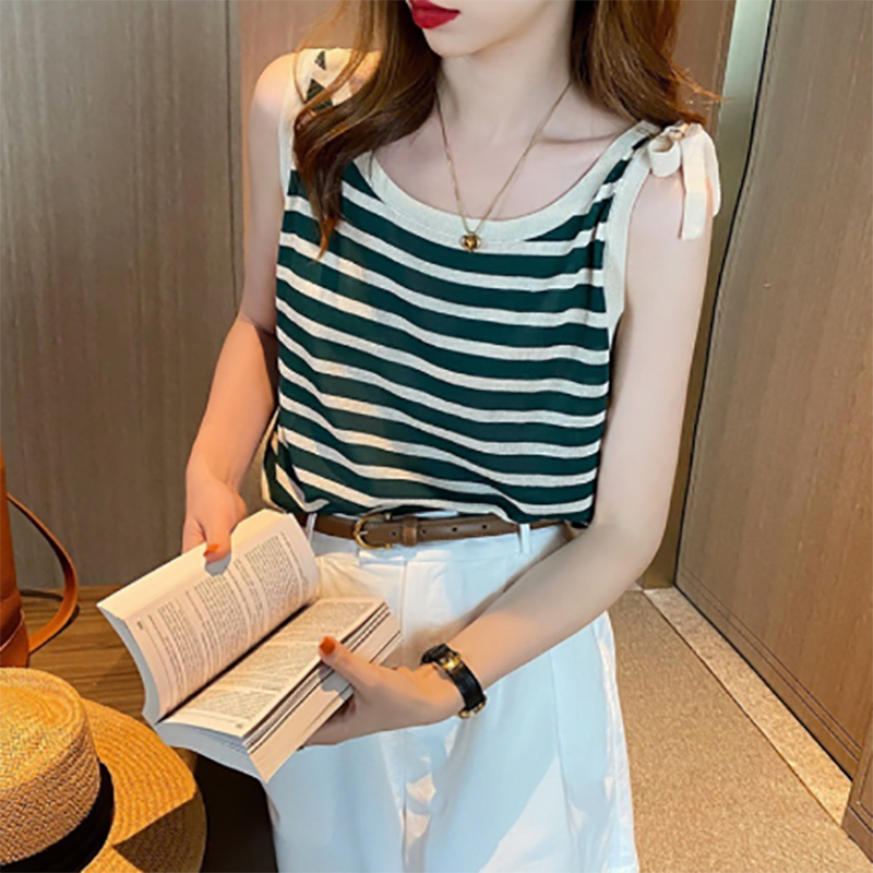 ボーダー服 タンクトップ ボーダー柄ニットタンクトップ 肩紐リボン付きキャミソール