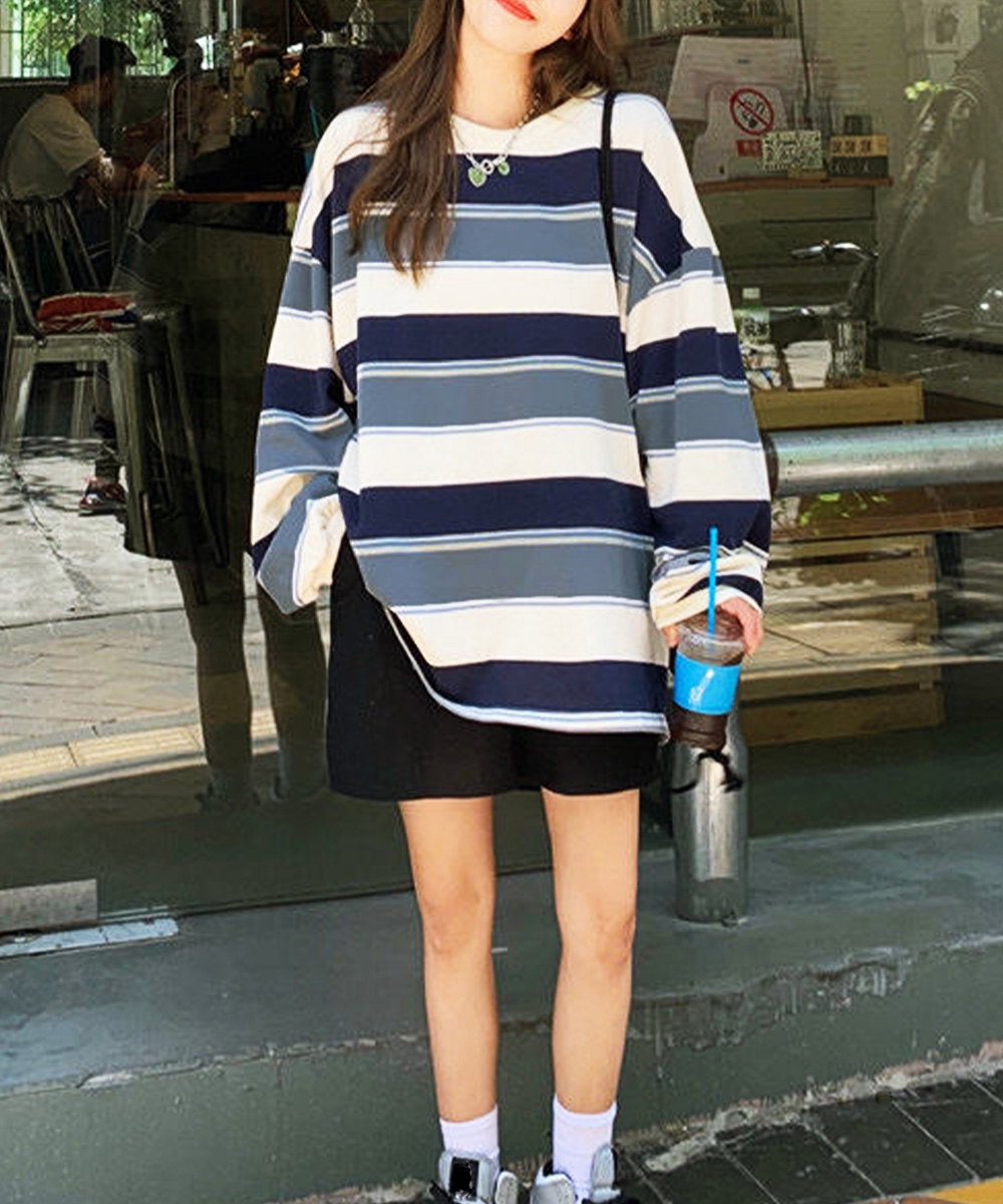 ボーダー服 ボーダー柄配色トレーナー丸首長袖カットソー