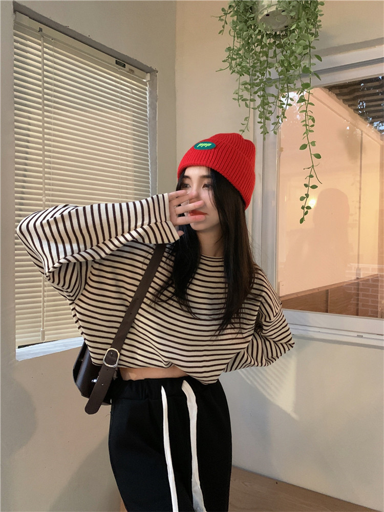 ボーダー服 ロンT ゆったりボーダー丸首ロンT長袖
