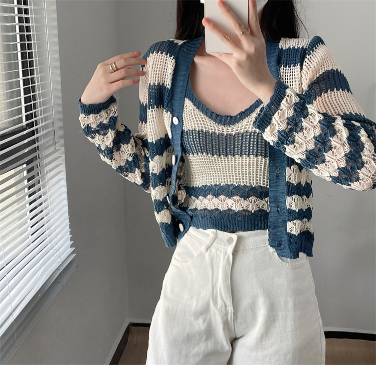 ボーダー服 ボーダー柄ニットカーディガン二点セット秋冬