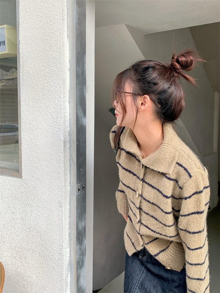 ボーダー服 復古気質ボーダーカーディガン長袖ニット