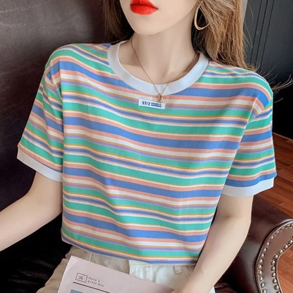 ボーダー服 ボーダー服 マルチボーダー丸首ゆったりTシャツ