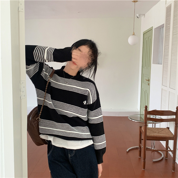 ボーダー服 秋冬ボーダーニットセーター レトロ厚手グリーン