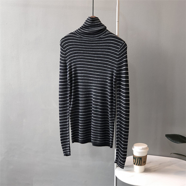 ボーダー服 ボーダー柄タートルネック長袖トップス