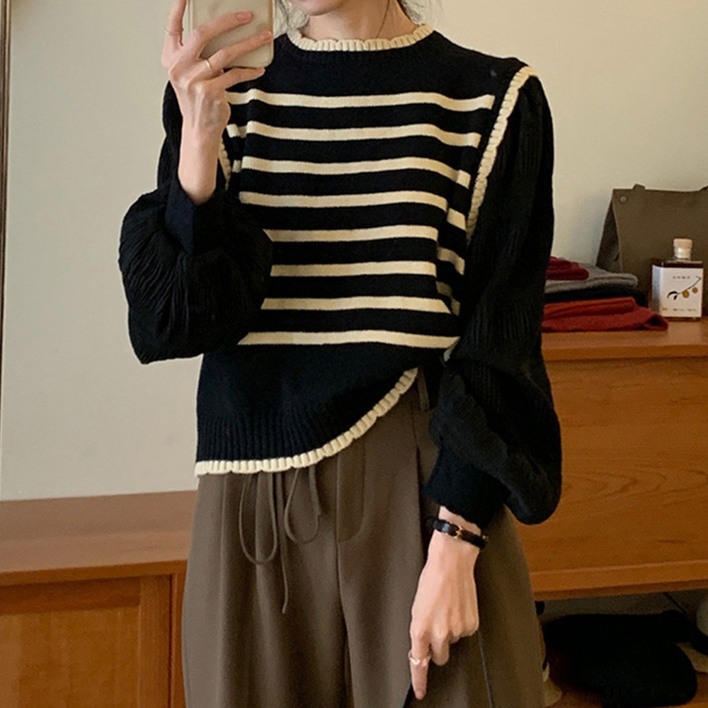 ボーダー服 ボーダー異素材ドッキングニットセーター