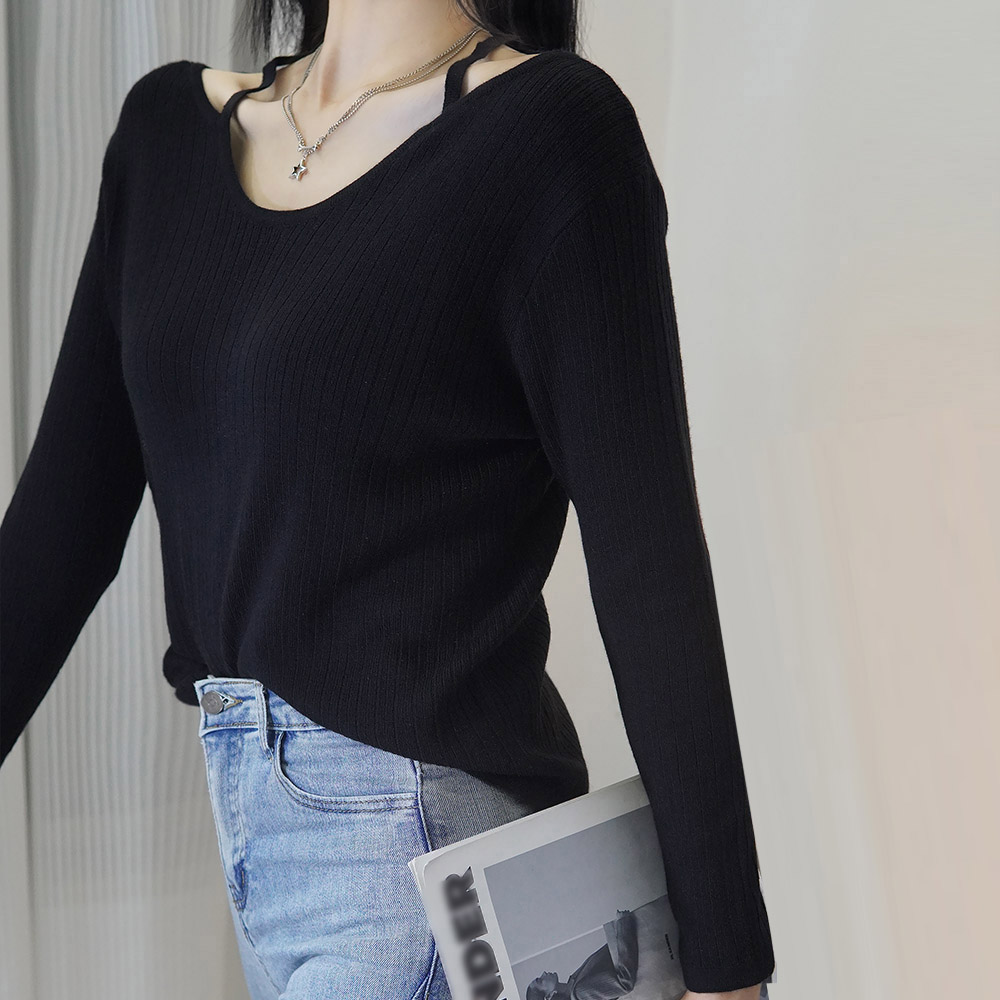 ボーダー服 ボーダー柄ホルターネックリブニット長袖トップス