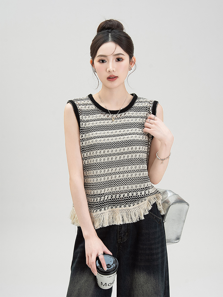 ボーダー服 民族風フリンジ付きボーダータンクトップ