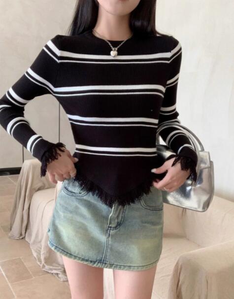 ボーダー服 レディース ボーダーニット フリンジ付き 長袖セーター