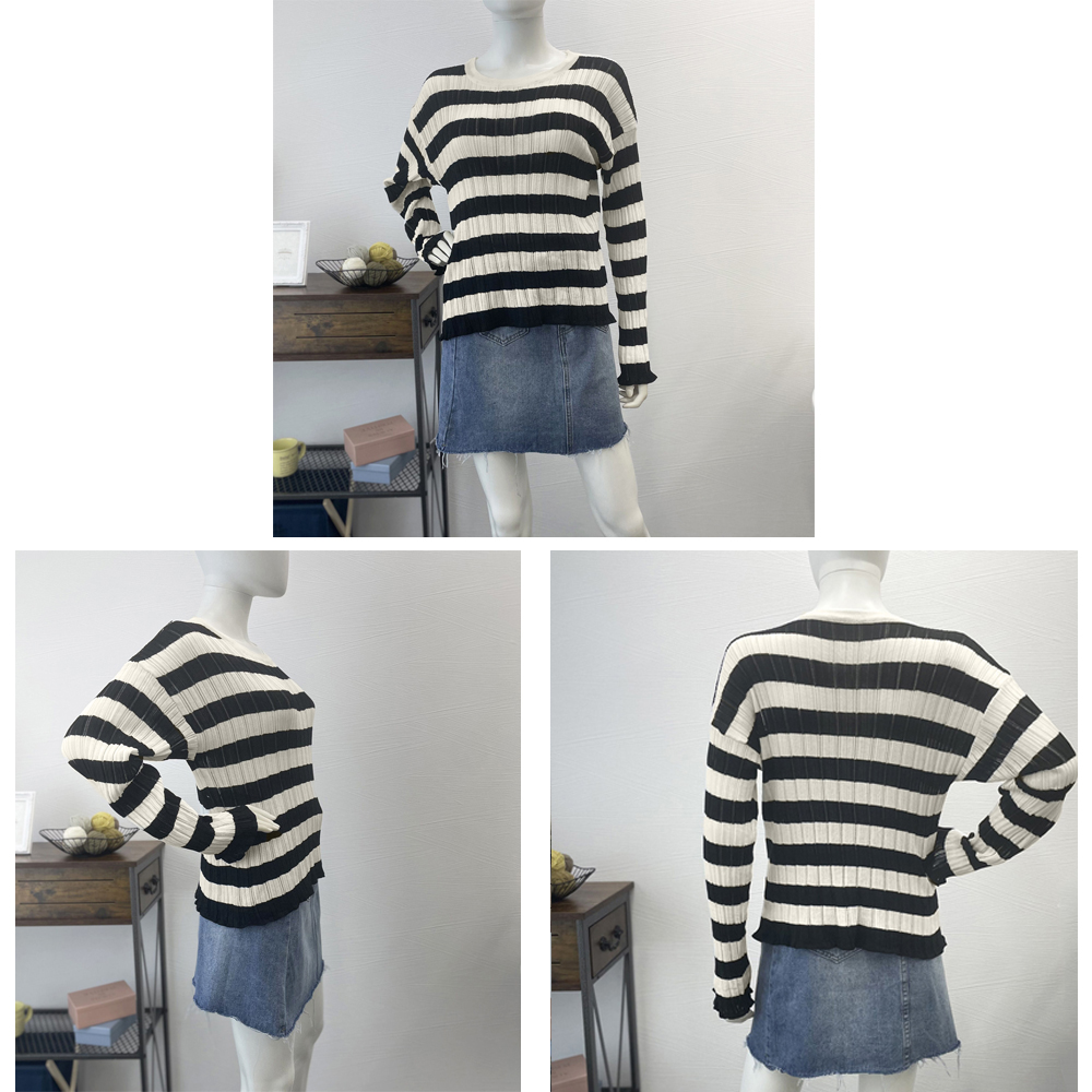 ボーダー服 ボーダー柄リブニットトップス長袖