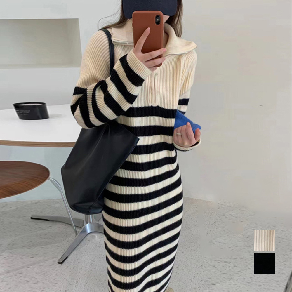ボーダー服 ボーダーニット長袖ワンピース 襟付きジップ