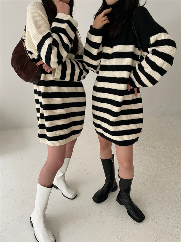 ボーダー服 ジッパー付きボーダーニットワンピース厚手暖かセーター