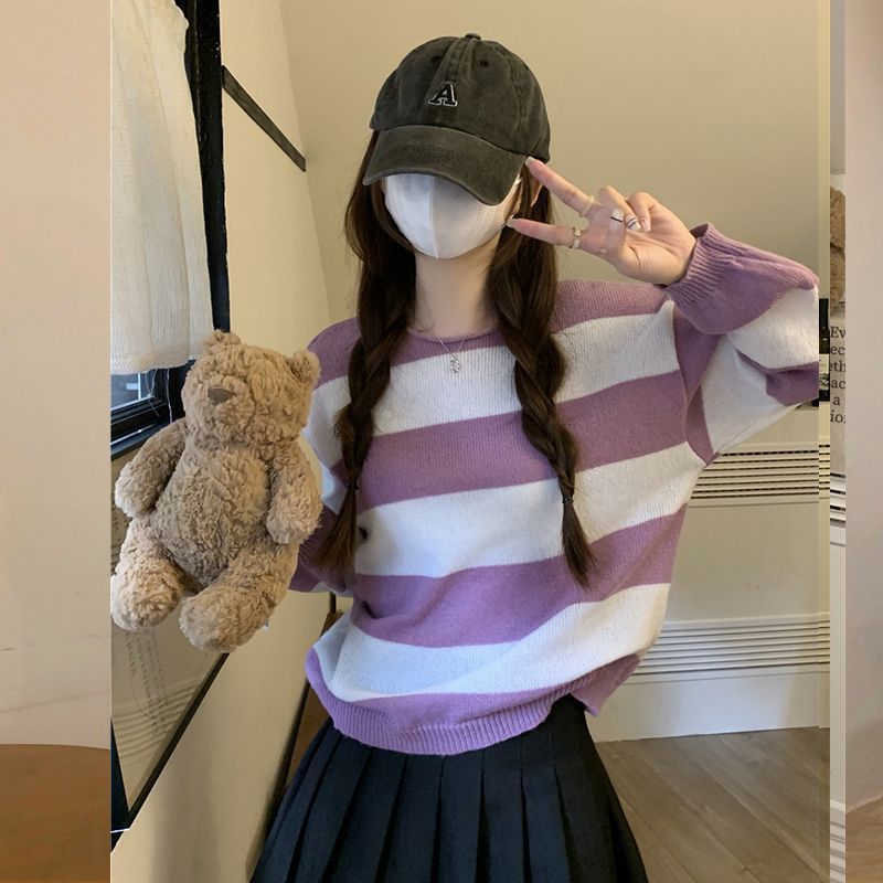 ボーダー服 二〇二三年新作 女性用丸首ボーダーニットセーター 紫白横縞