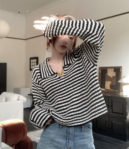 ボーダー服 秋冬レディースボーダーニットセーター長袖トップス