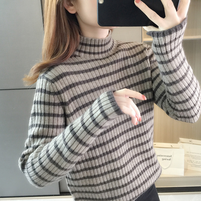 ボーダー服 リブ編み柔らか横縞タートルネック