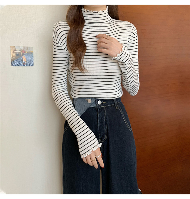 ボーダー服 上質素材の細ボーダータートルネックニット秋冬レディース