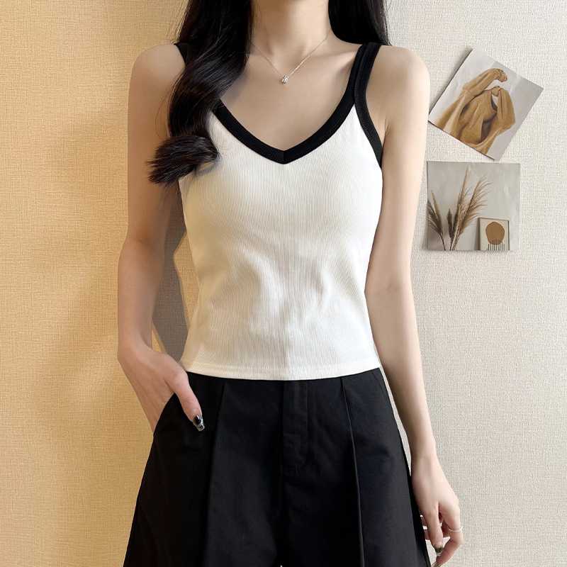 ブラトップ リブ編み 細身 Vネック タンクトップ