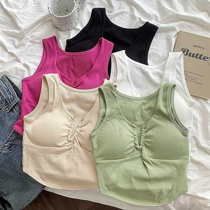 ブラトップ 胸元しぼり寄せ リブタンクトップ