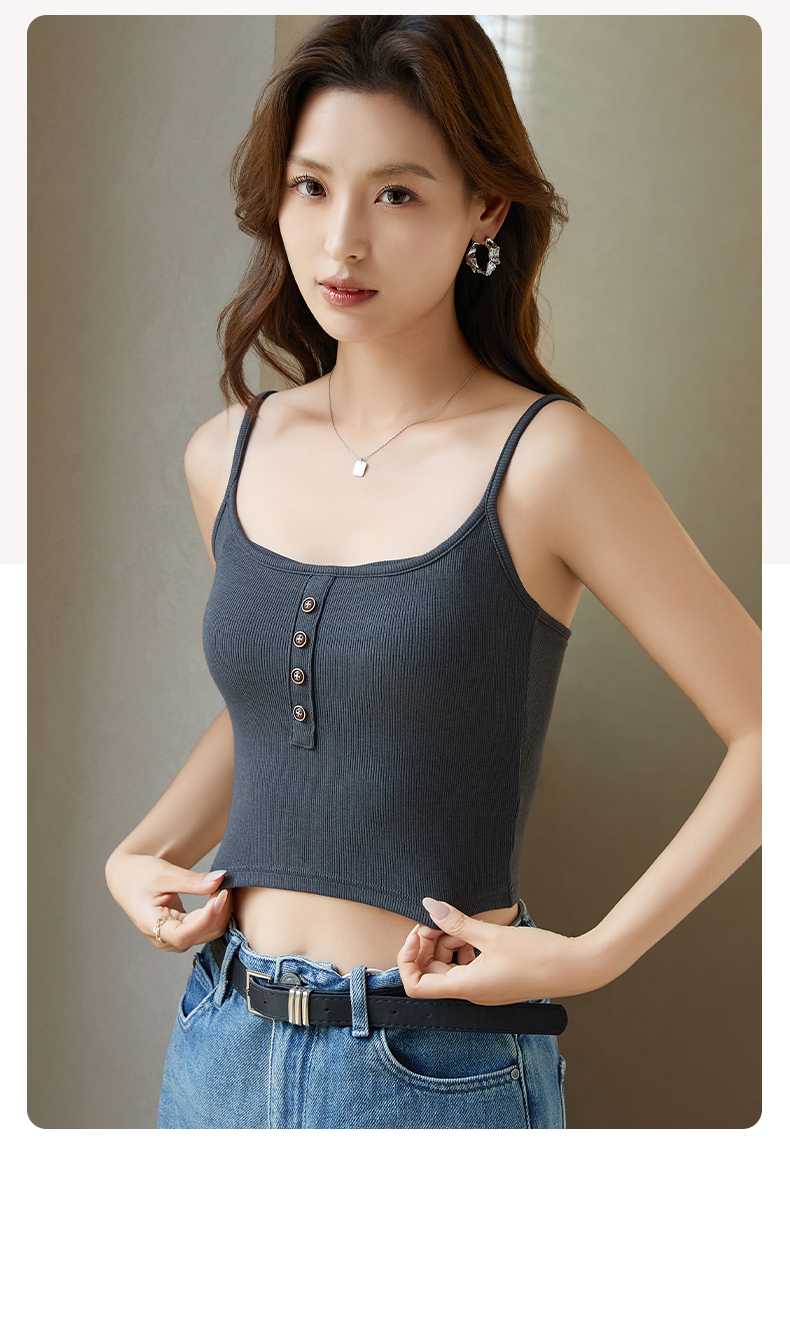 リブ素材 ボタン付き美胸ブラトップ