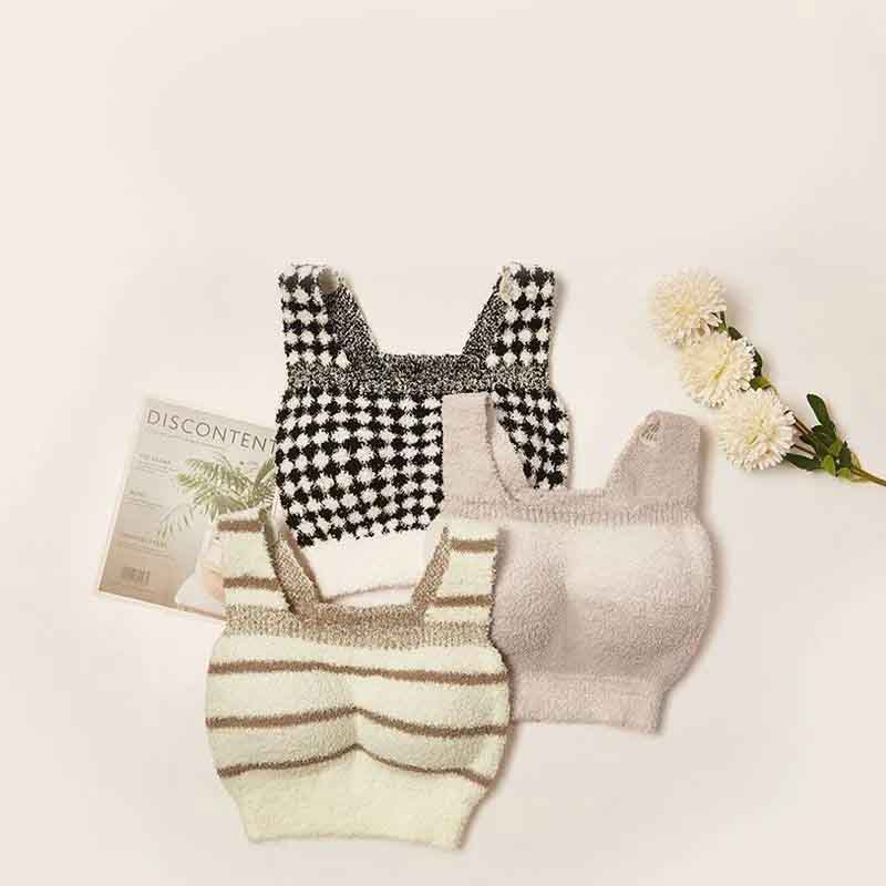 起毛ボア付きタンクトップ型ブラトップ 千鳥格子柄 パッド付き