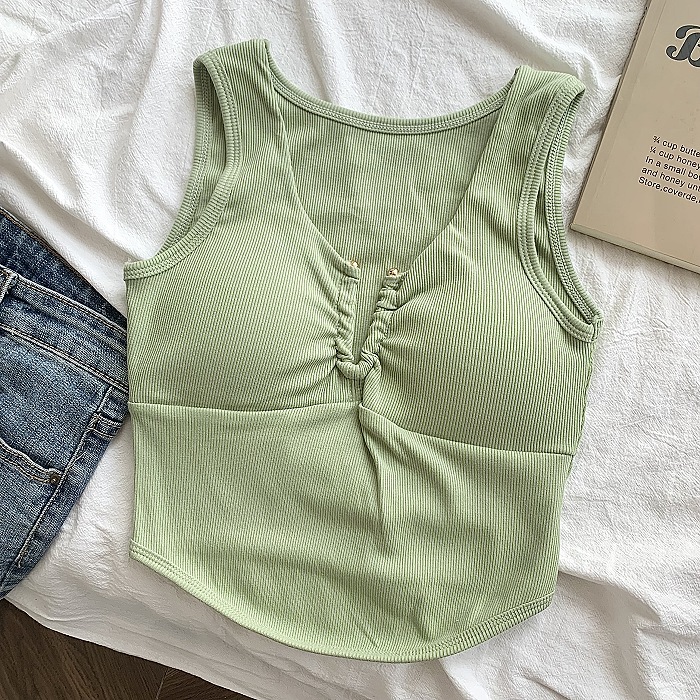 ブラトップ 胸元しぼり寄せ リブタンクトップ