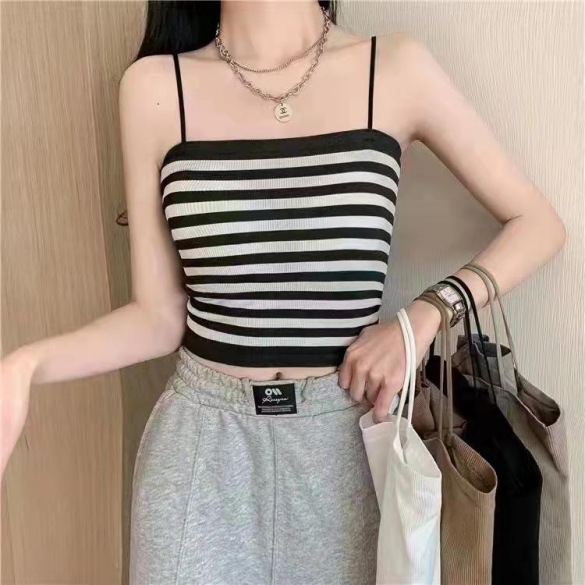 胸パッド付きキャミソール ボーダー柄ブラトップ 5色展開