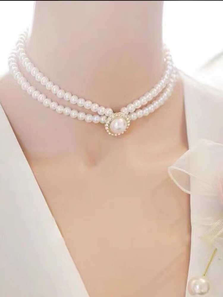 結婚式 アクセサリー 優雅な二連パール飾り玉ネックレス