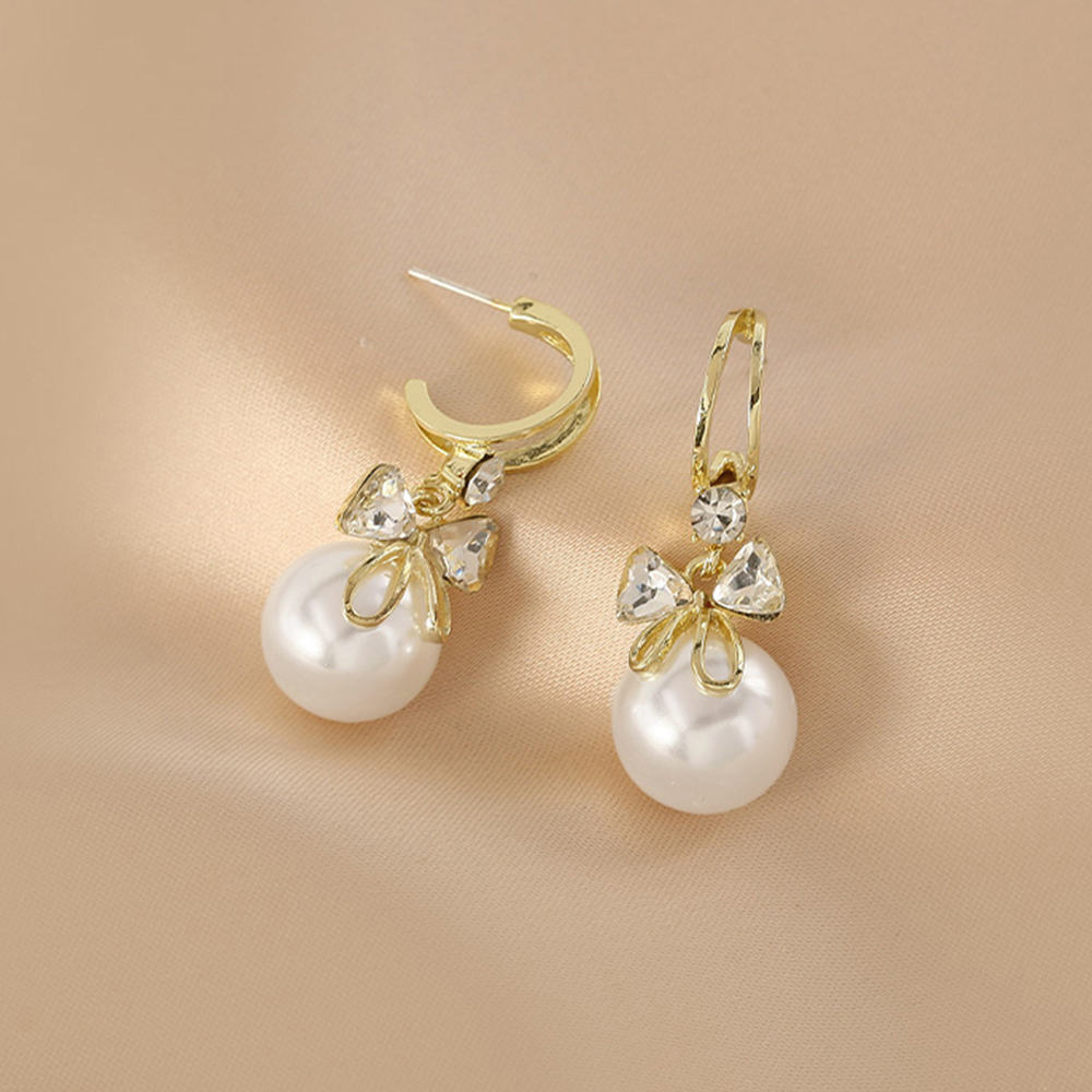 結婚式 アクセサリー 揺れる真珠リボンピアス 上品な大粒輝き韓国風