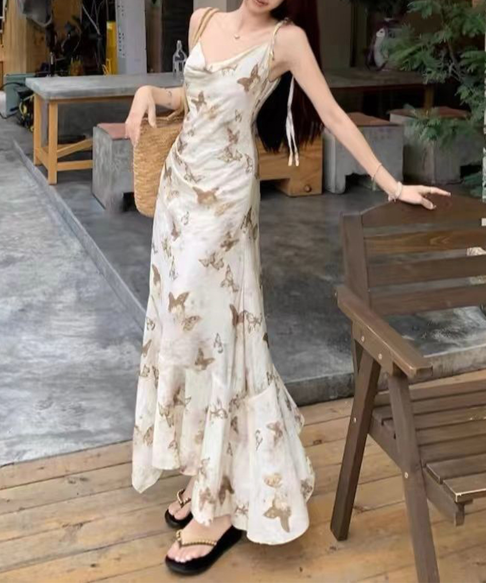 蝶柄ニットキャミワンピース 不規則裾夏服