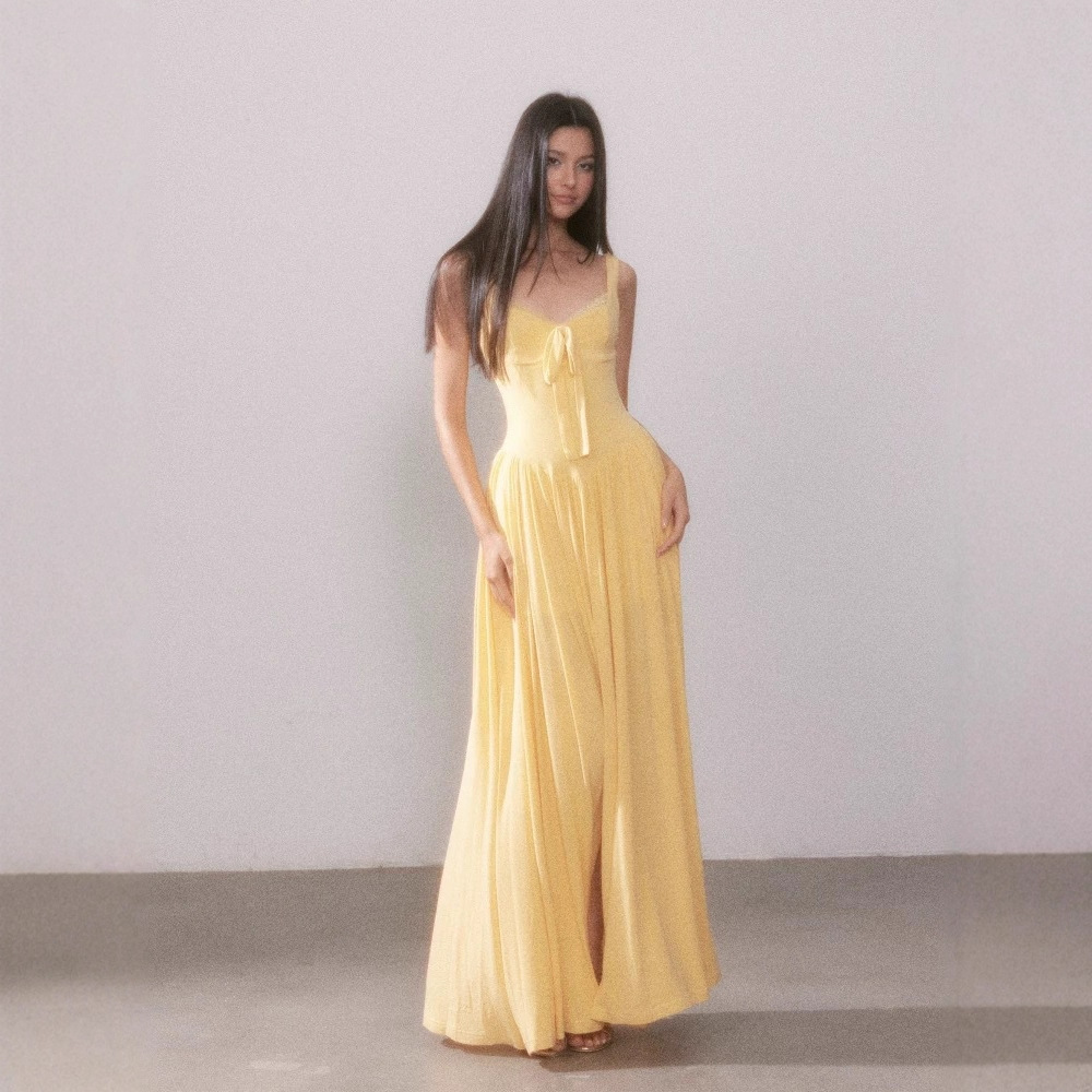キャミワンピース リボン付きエレガントロングキャミワンピース　黄色