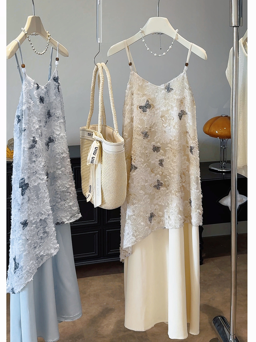 キャミワンピース レース蝶々柄キャミソールワンピース上品レディース二色展開