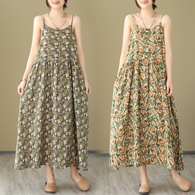 キャミワンピース 草花舞うリネンキャミワンピース