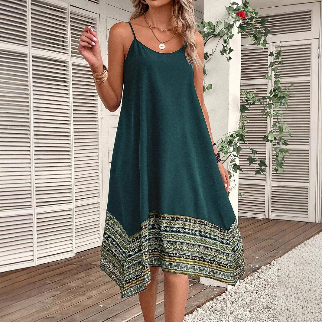 キャミワンピース 裾刺繍柄エスニック風細紐キャミワンピース