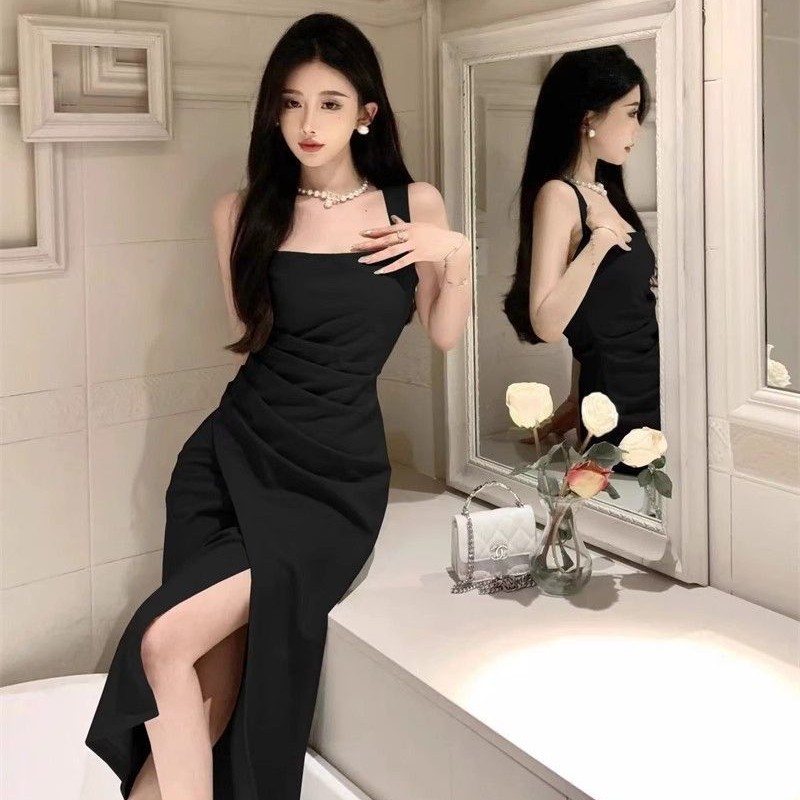 キャミワンピース サイドドレープデザイン細身サテンキャミワンピース