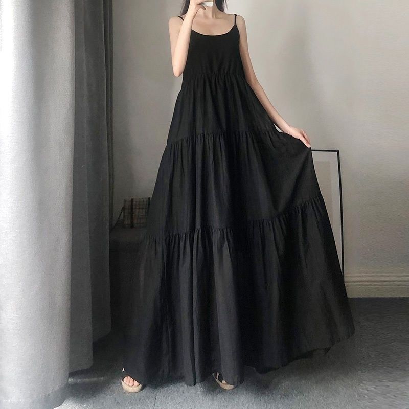 キャミワンピース ティアードフレアロング丈キャミワンピース　黒