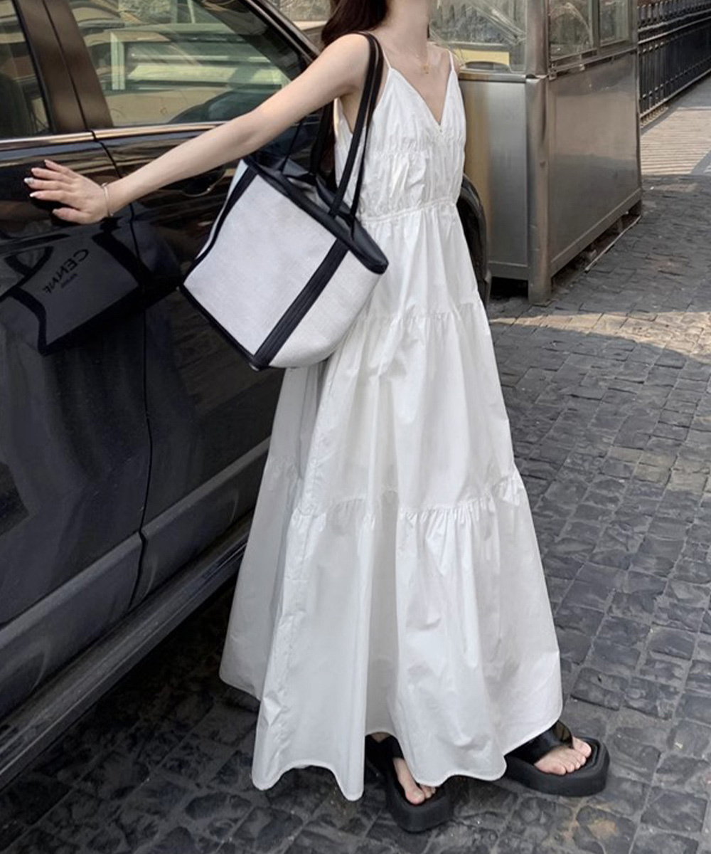 リネン素材キャミワンピース ブイネック段々長袖ワンピース