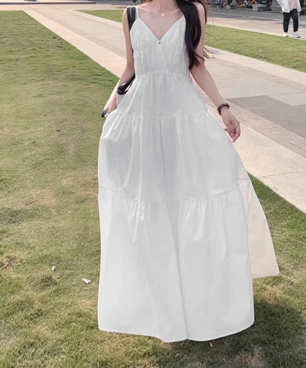 リネン素材キャミワンピース ブイネック段々長袖ワンピース