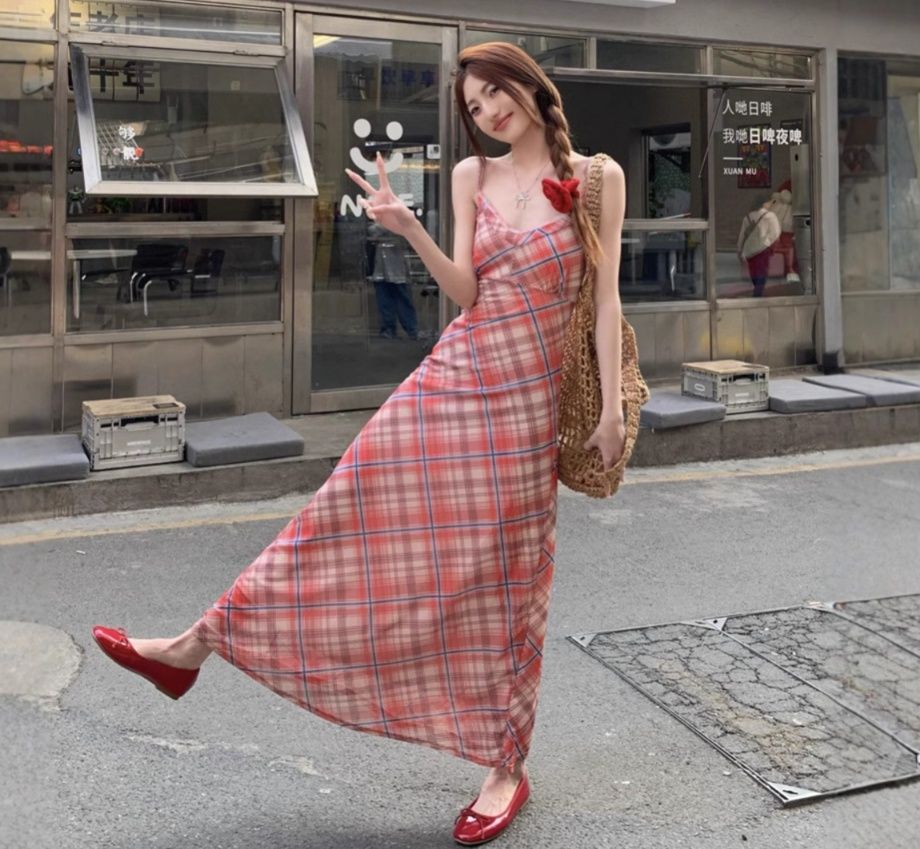 キャミワンピース 優美チェック柄レースキャミワンピース
