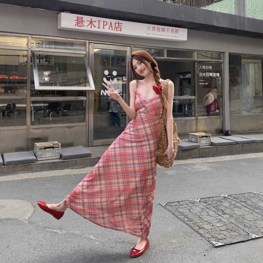 キャミワンピース 優美チェック柄レースキャミワンピース