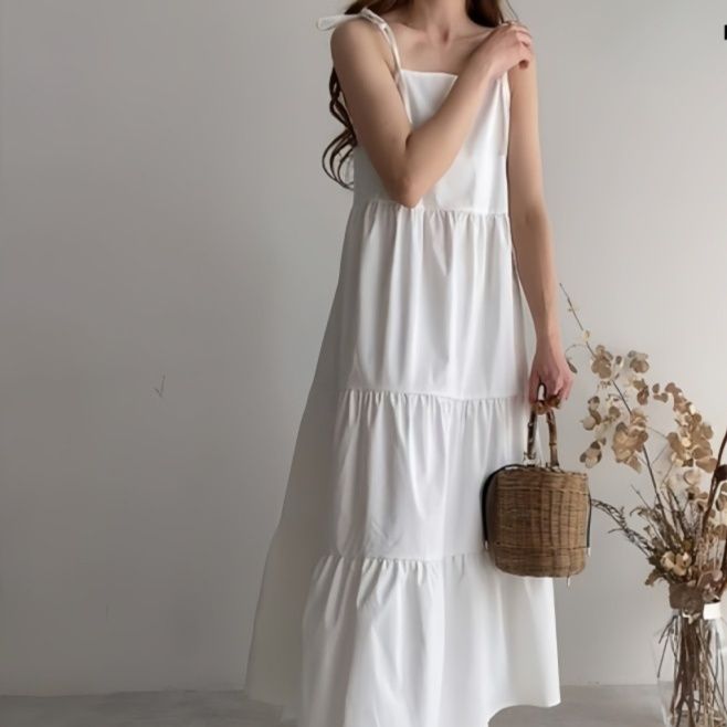 フリルロング丈キャミワンピース体型カバー上品