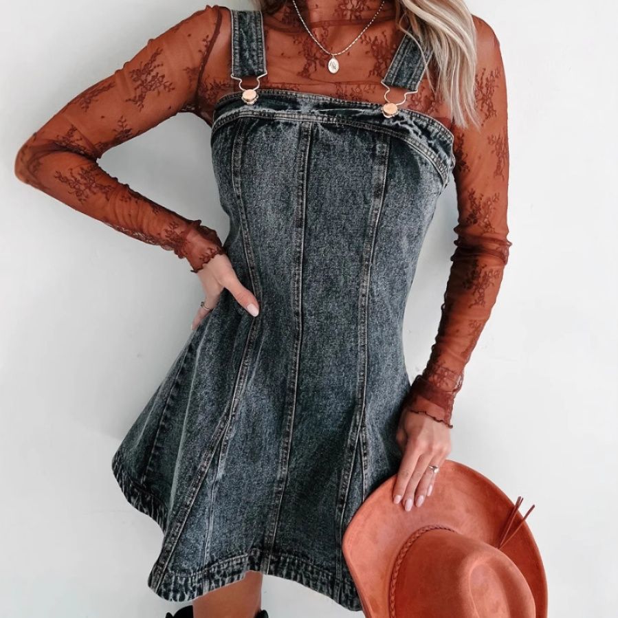 キャミワンピース 裾フリル付きヴィンテージ加工デニムキャミワンピース